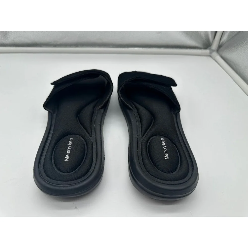 Black Memory Foam Slide Sandals Adjustable Hook Loop Strap Women Size M